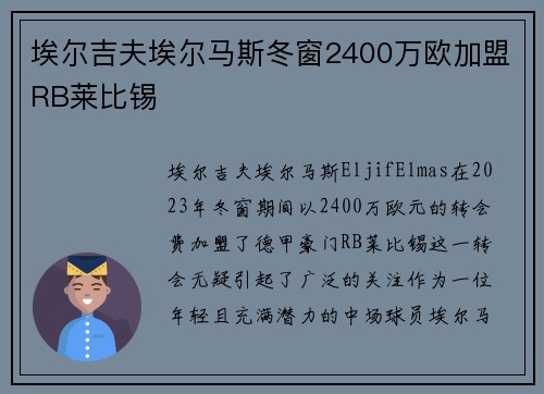 埃尔吉夫埃尔马斯冬窗2400万欧加盟RB莱比锡 埃尔吉夫埃尔马斯冬窗2400万欧加盟RB莱比锡